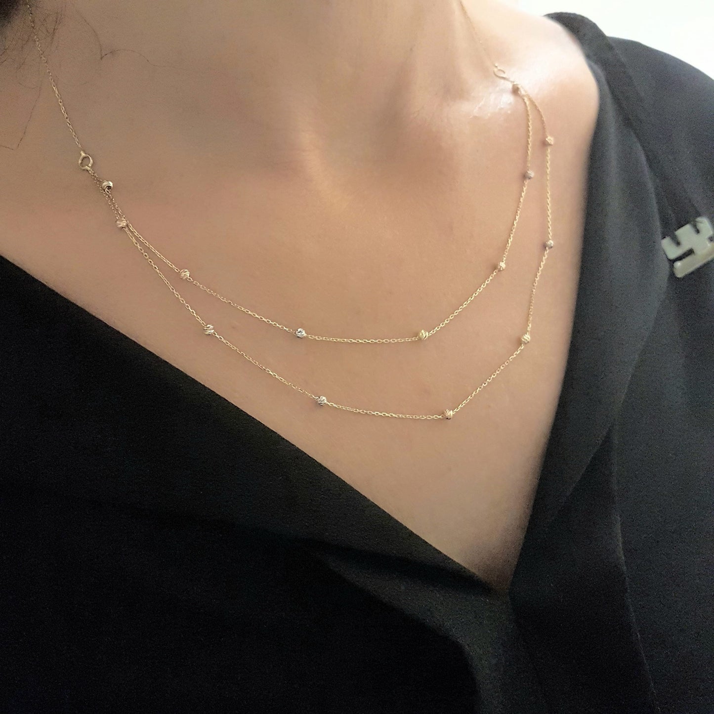 Two Rows Chain Beaded Italian Balls Charm Dainty Delicate Necklace for Women 14K Real Solid Gold double bracelet