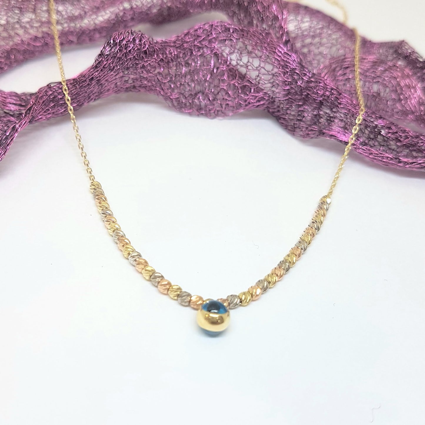 Two Sided Evil Eye with Italian Balls Pendant Necklace for Women 14K Real Solid Gold