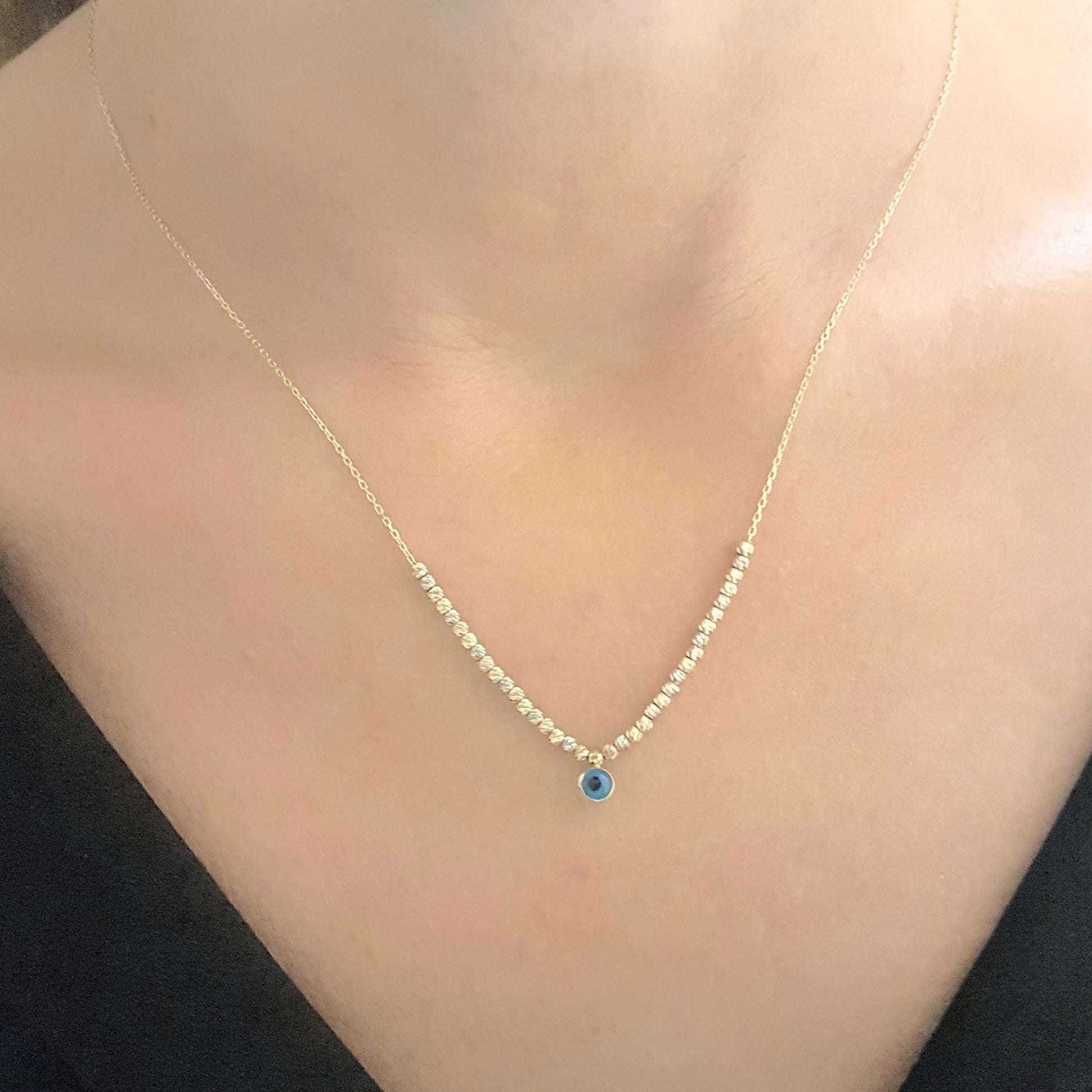 Two Sided Evil Eye with Italian Balls Pendant Necklace for Women 14K Real Solid Gold