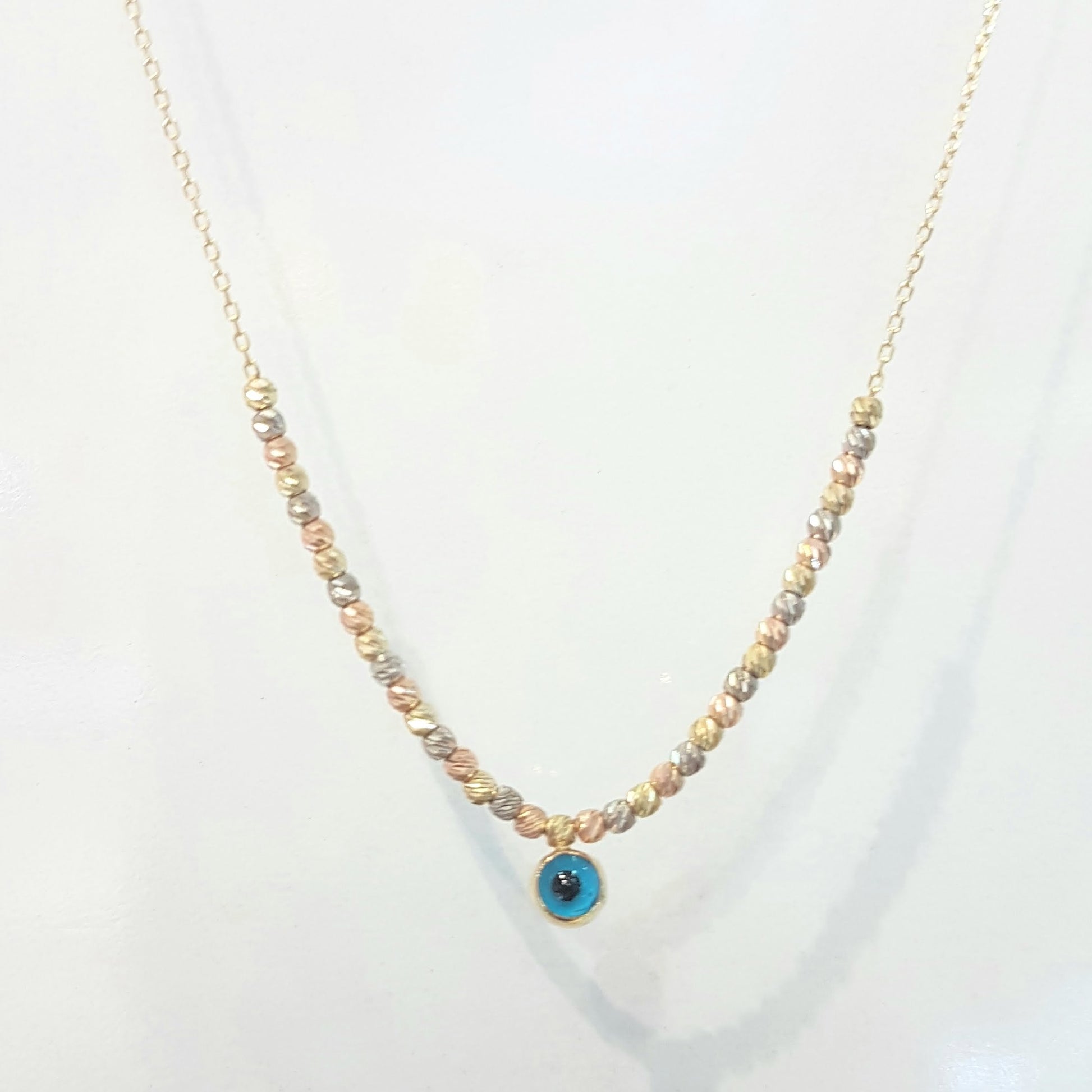 Two Sided Evil Eye with Italian Balls Pendant Necklace for Women 14K Real Solid Gold