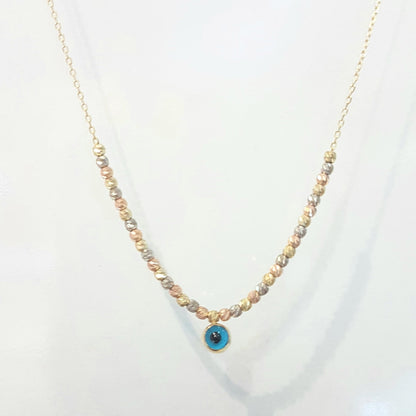 Two Sided Evil Eye with Italian Balls Pendant Necklace for Women 14K Real Solid Gold