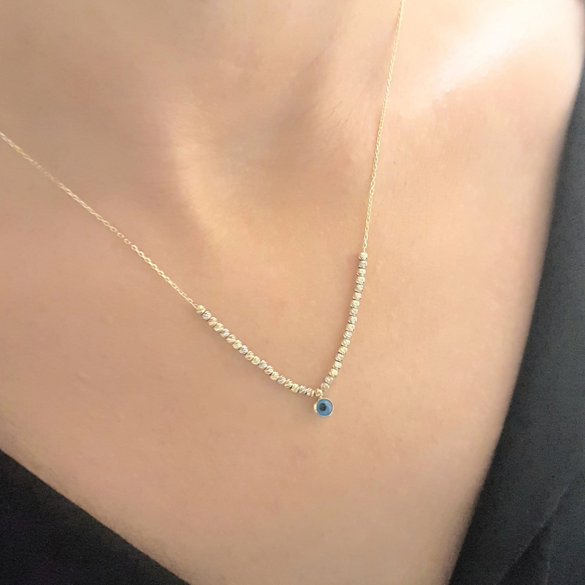 Two Sided Evil Eye with Italian Balls Pendant Necklace for Women 14K Real Solid Gold