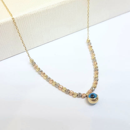 Two Sided Evil Eye with Italian Balls Pendant Necklace for Women 14K Real Solid Gold