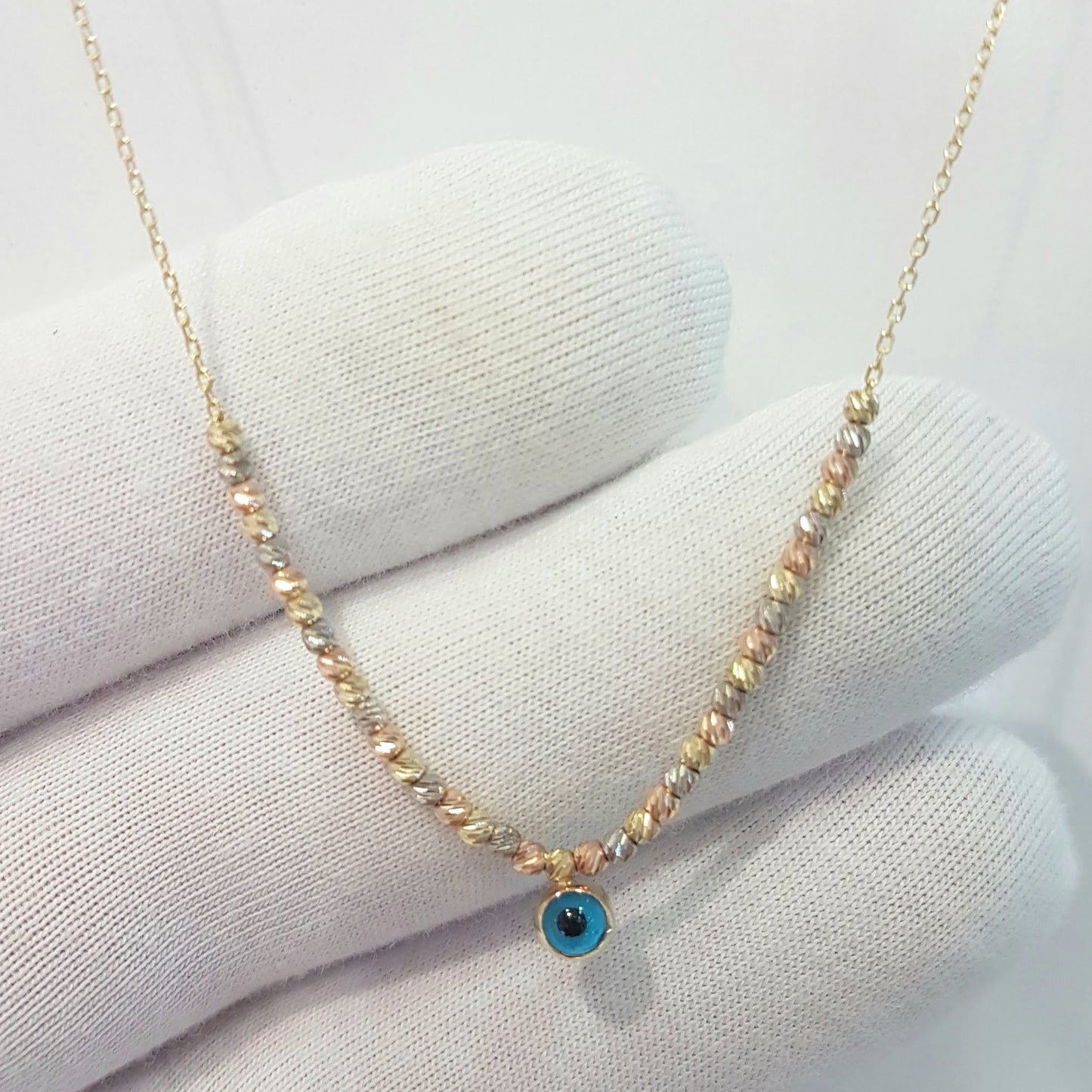 Two Sided Evil Eye with Italian Balls Pendant Necklace for Women 14K Real Solid Gold