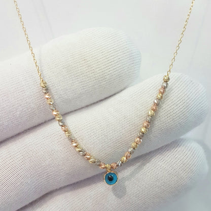 Two Sided Evil Eye with Italian Balls Pendant Necklace for Women 14K Real Solid Gold