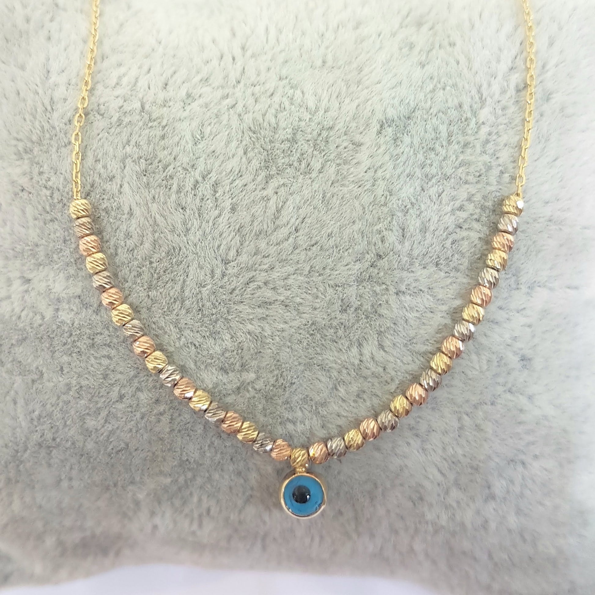 Two Sided Evil Eye with Italian Balls Pendant Necklace for Women 14K Real Solid Gold