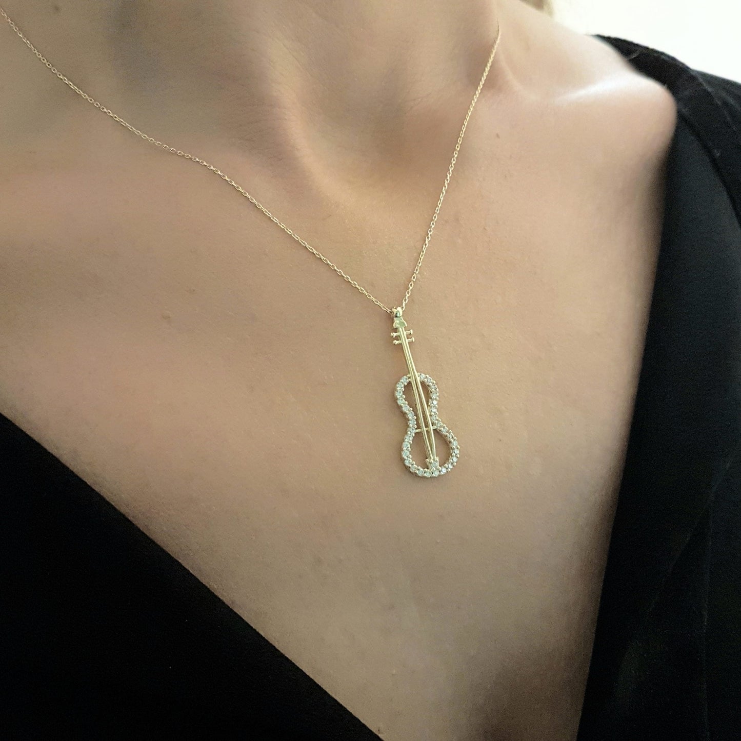 Violin Bass Guitar Charm Pendant Necklace 14K Real Gold Decorated with White Zirconia Stones Dainty Elegant for Women