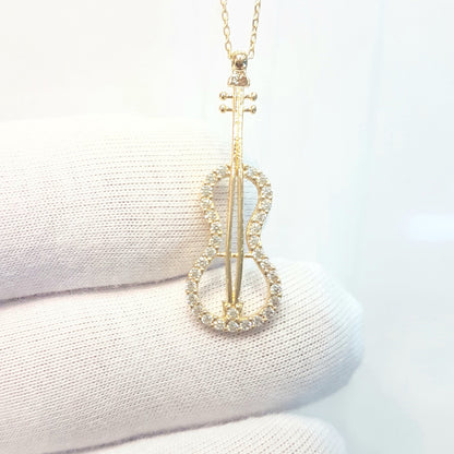 Violin Bass Guitar Charm Pendant Necklace 14K Real Gold Decorated with White Zirconia Stones Dainty Elegant for Women