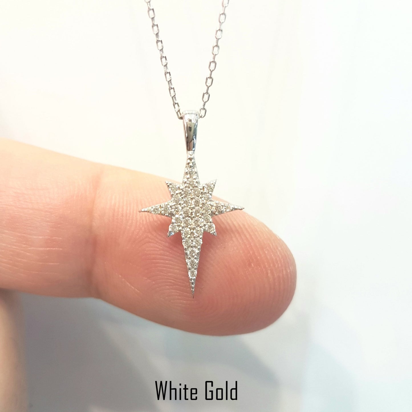 14K Real Solid Gold North Star Pendant Necklace with White Zirconia Stones Cute Charm Dainty Delicate Trendy Elegant Best Birthday Christmas Gift for Women Wife Her Grandma Girls