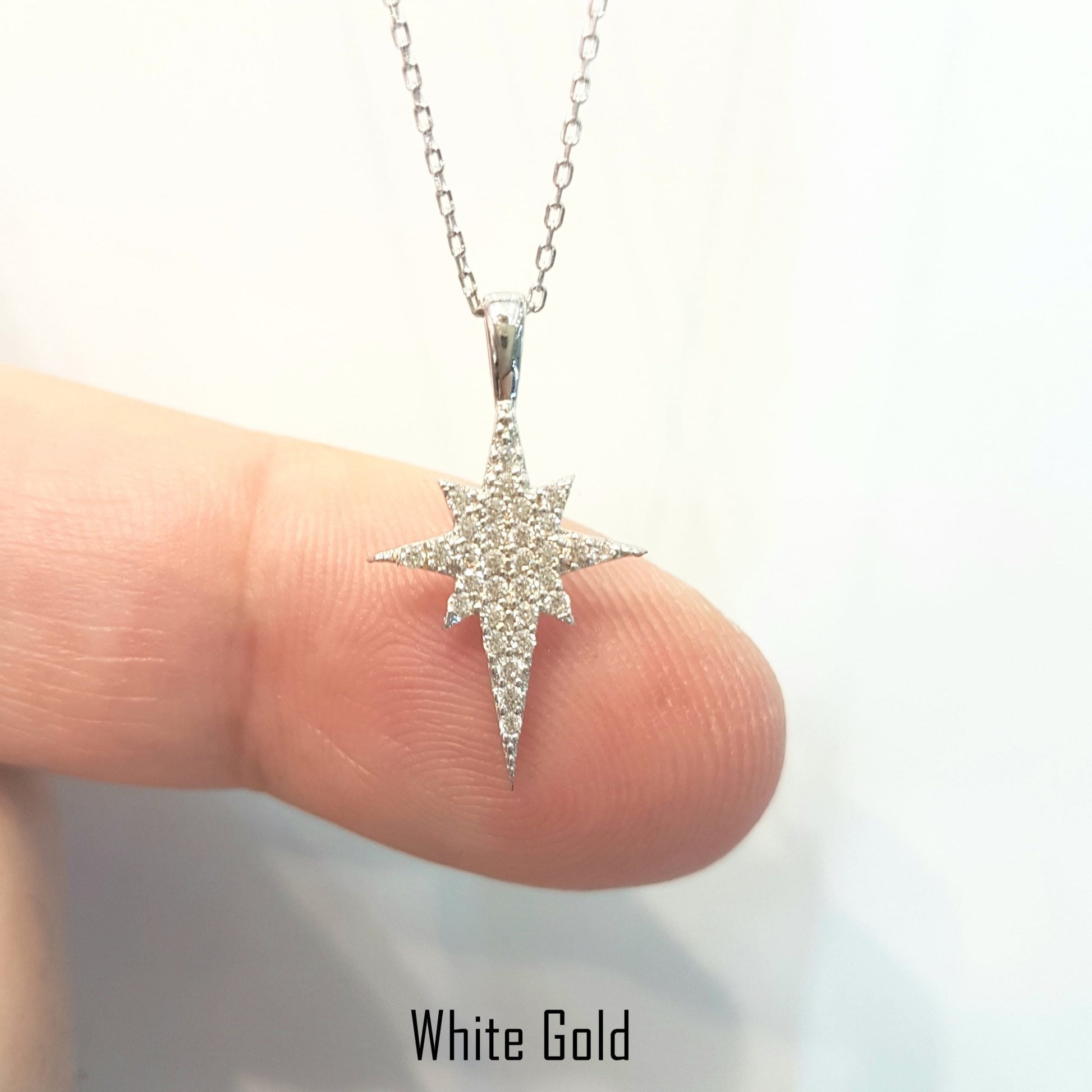 14K Real Solid Gold North Star Pendant Necklace with White Zirconia Stones Cute Charm Dainty Delicate Trendy Elegant Best Birthday Christmas Gift for Women Wife Her Grandma Girls