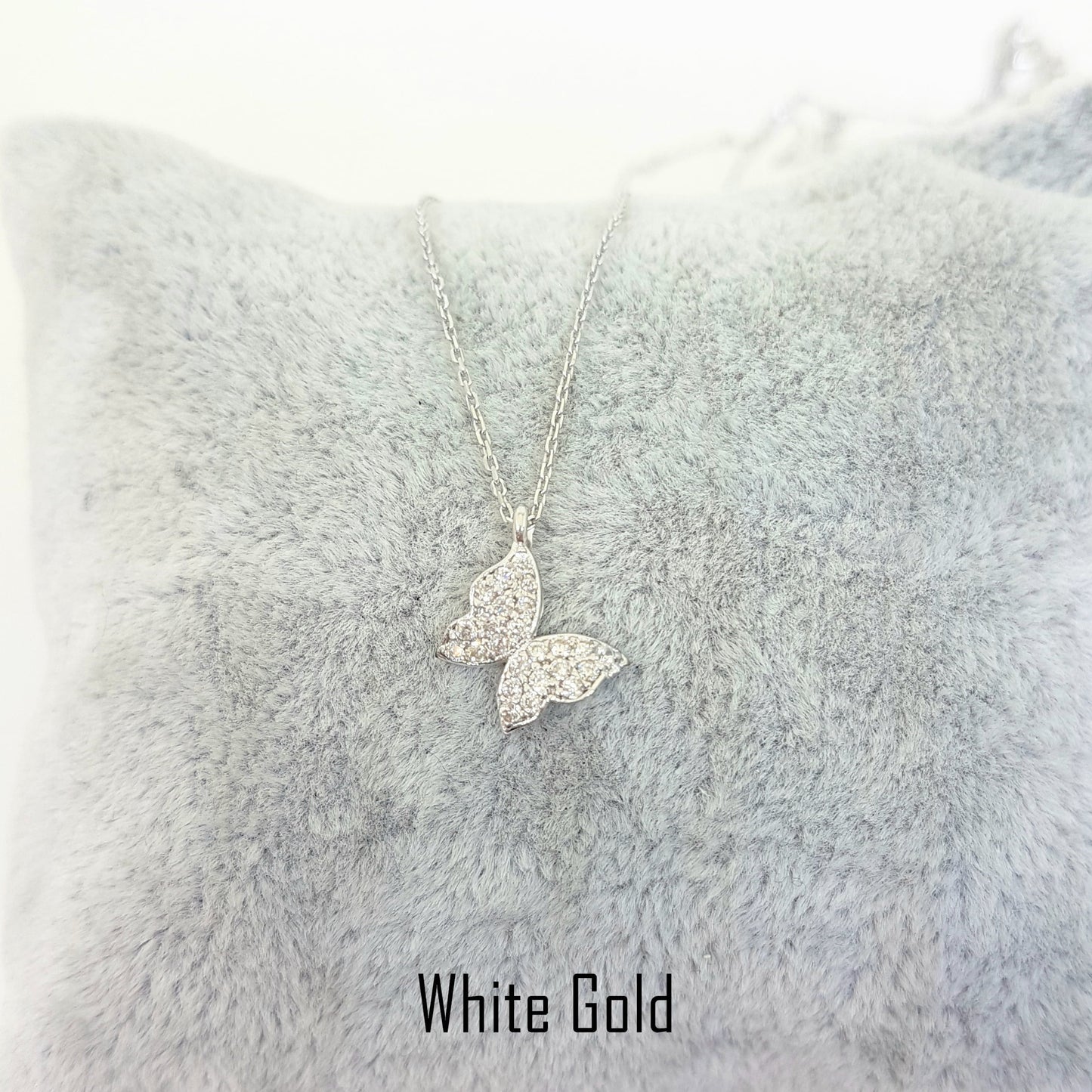 14K Real Solid Gold Butterfly Shape Design with White Zirconia Stones Cute Tiny Charm Dainty Delicate Trendy Necklace best birthday gift for women jewelry yourself