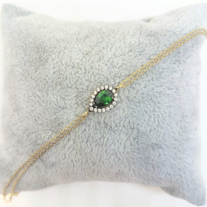 14K Real Solid Gold Tear Drop Design with GREEN and White Zirconia Stones Halo Elegant Dainty Delicate Charm Cute Trendy Bracelet best birthday gift for women Jewelry Mother Girl Grandma