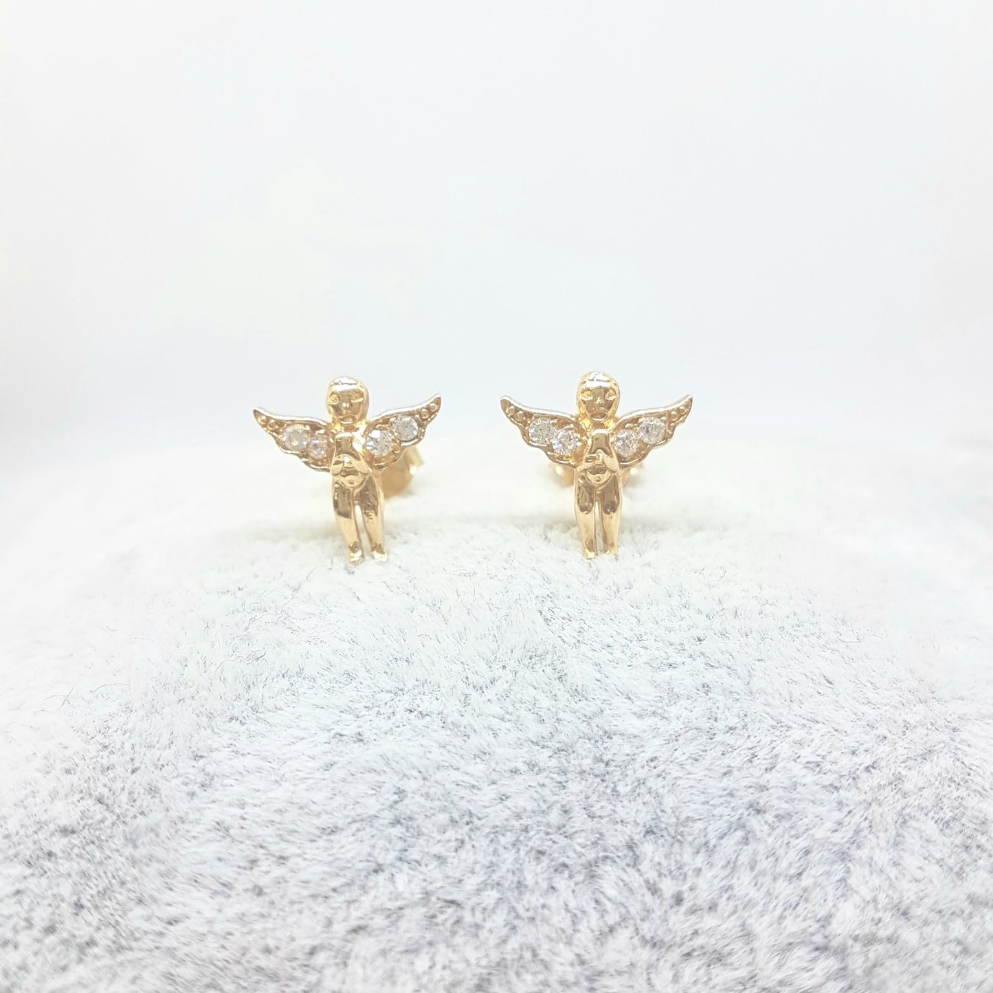 Angel Stud Earrings for Women and Girls 14K Real Solid Yellow Gold Decorated with White Zirconia Stones