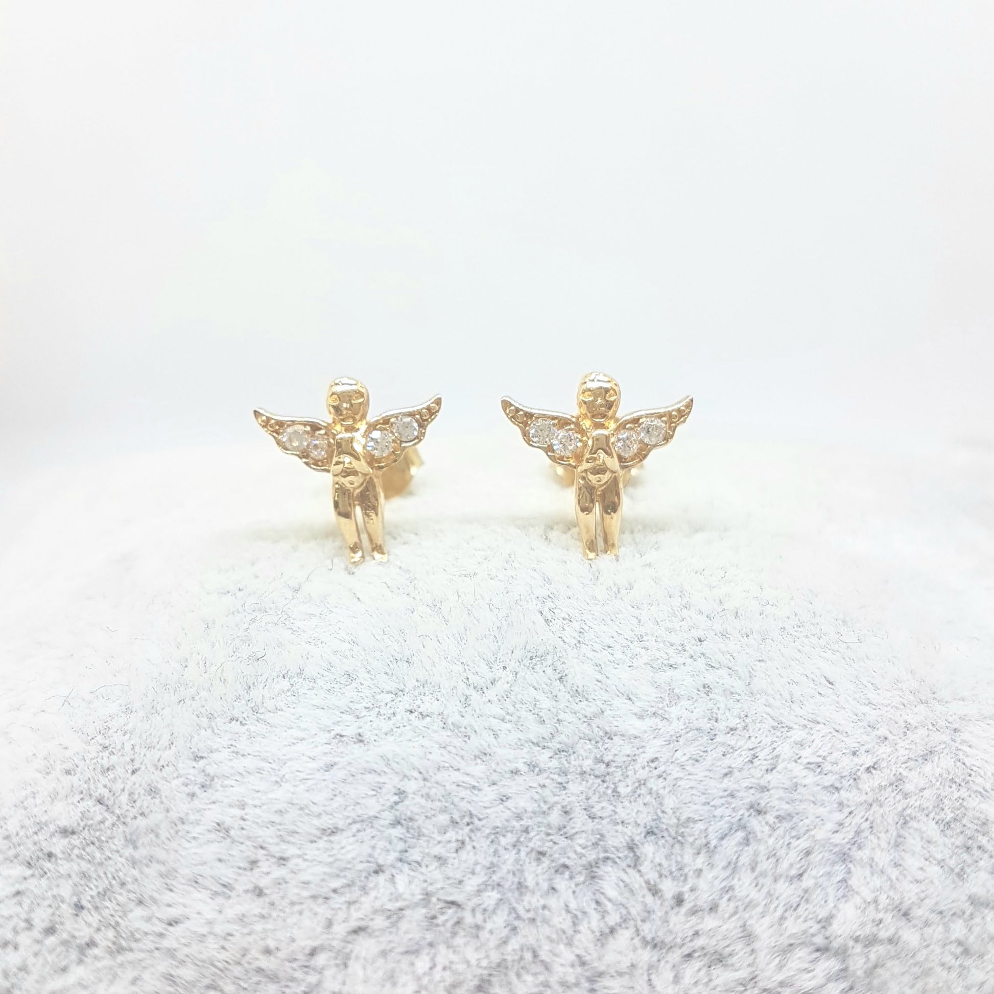 Angel Stud Earrings for Women and Girls 14K Real Solid Yellow Gold Decorated with White Zirconia Stones