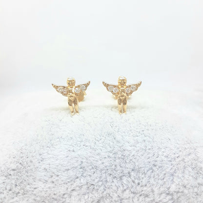 Angel Stud Earrings for Women and Girls 14K Real Solid Yellow Gold Decorated with White Zirconia Stones