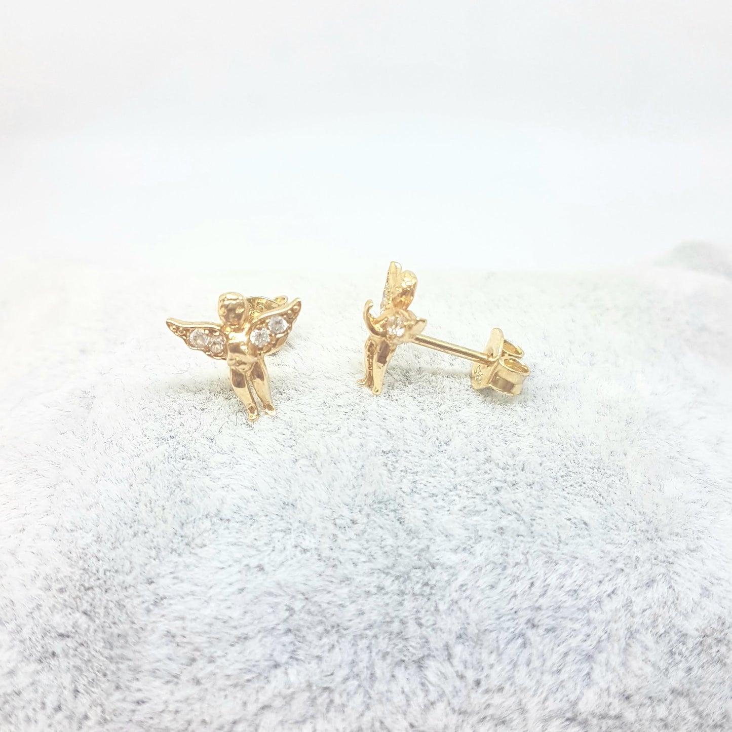 Angel Stud Earrings for Women and Girls 14K Real Solid Yellow Gold Decorated with White Zirconia Stones