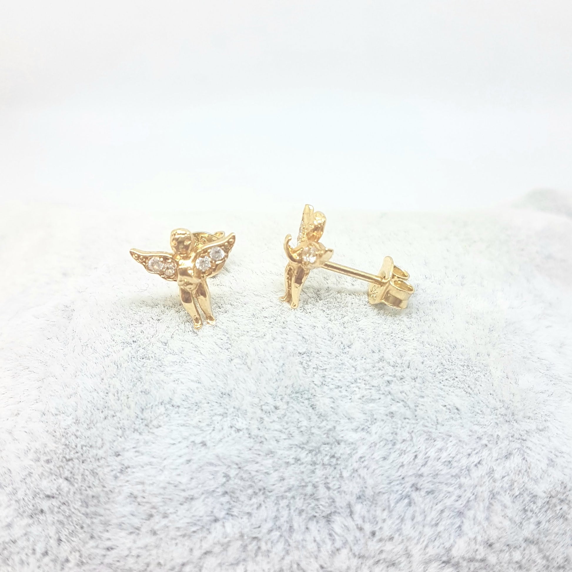 Angel Stud Earrings for Women and Girls 14K Real Solid Yellow Gold Decorated with White Zirconia Stones