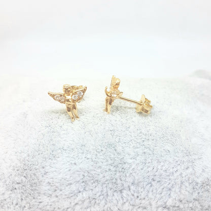 Angel Stud Earrings for Women and Girls 14K Real Solid Yellow Gold Decorated with White Zirconia Stones