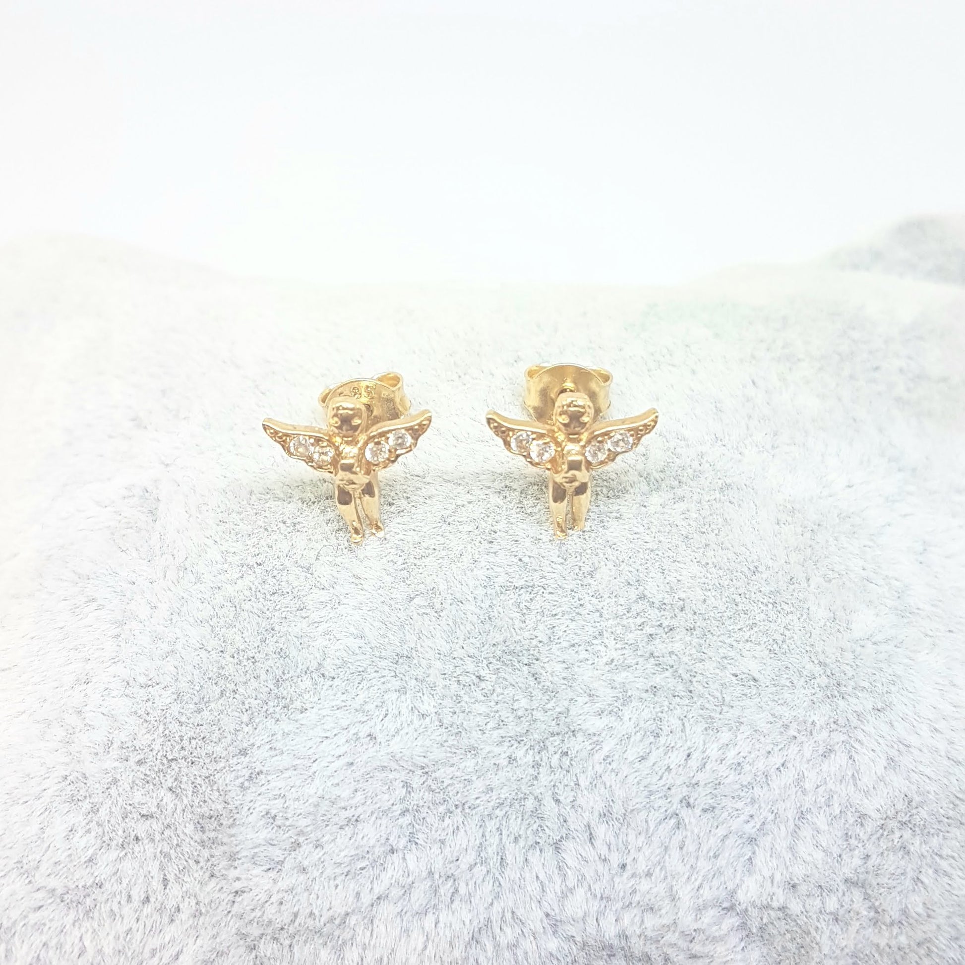 Angel Stud Earrings for Women and Girls 14K Real Solid Yellow Gold Decorated with White Zirconia Stones