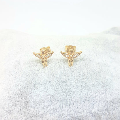 Angel Stud Earrings for Women and Girls 14K Real Solid Yellow Gold Decorated with White Zirconia Stones