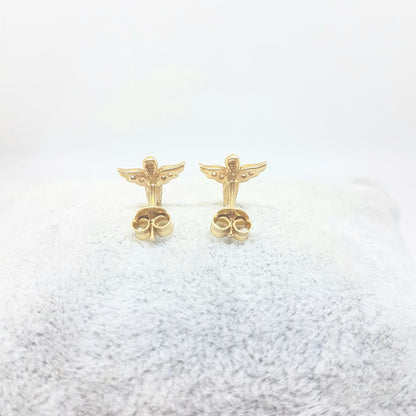 Angel Stud Earrings for Women and Girls 14K Real Solid Yellow Gold Decorated with White Zirconia Stones