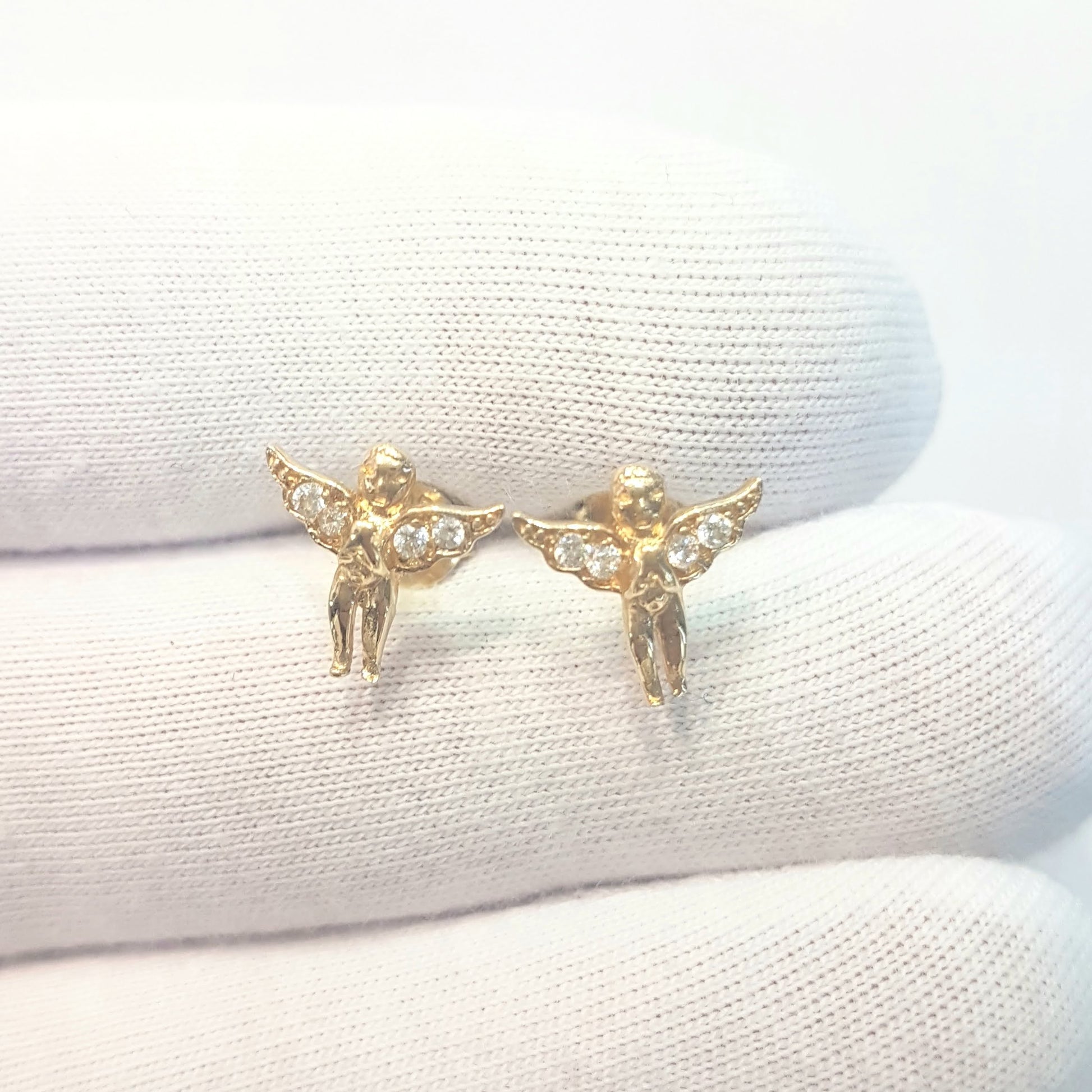 Angel Stud Earrings for Women and Girls 14K Real Solid Yellow Gold Decorated with White Zirconia Stones