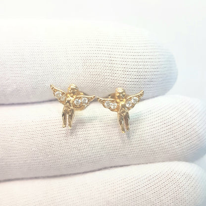 Angel Stud Earrings for Women and Girls 14K Real Solid Yellow Gold Decorated with White Zirconia Stones