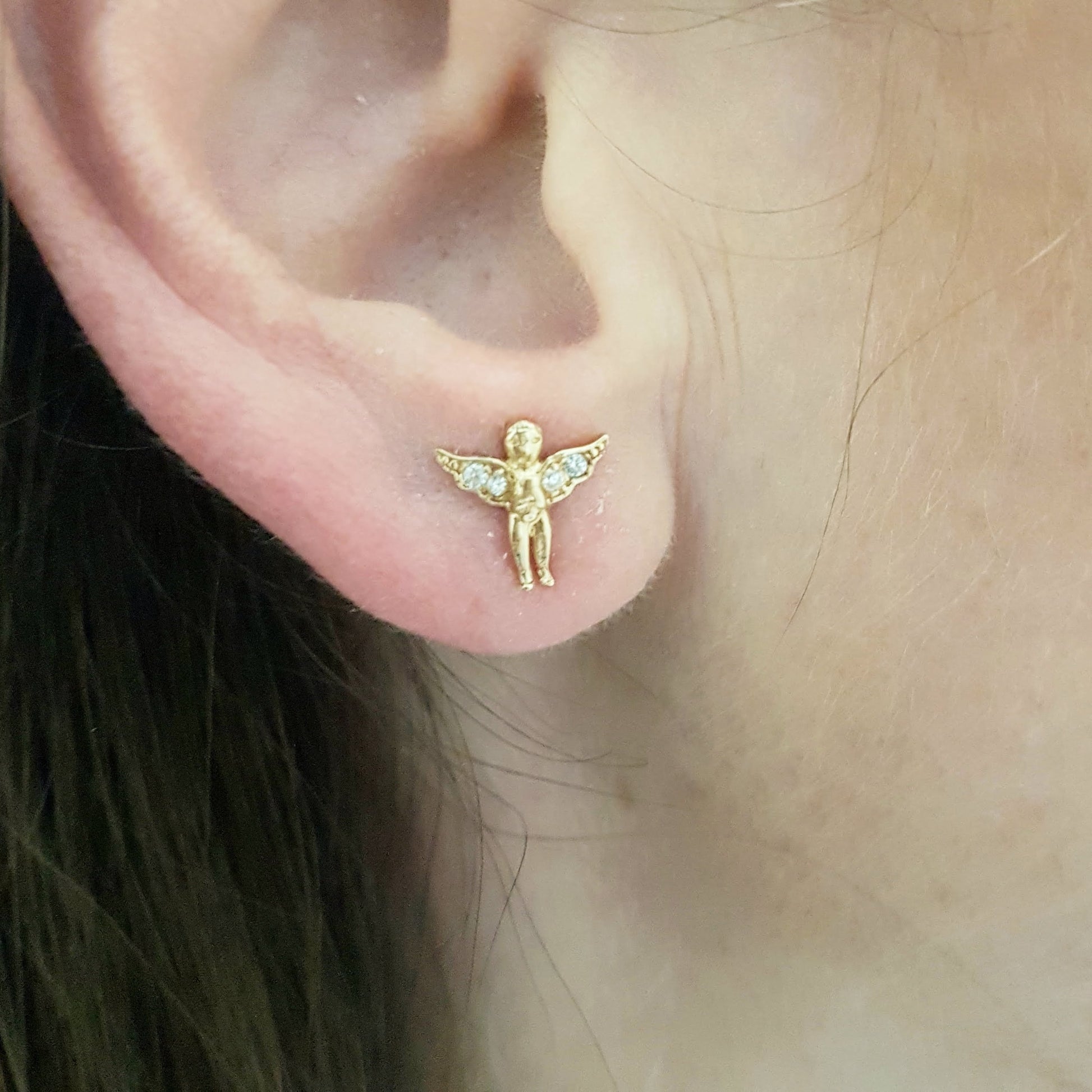 Angel Stud Earrings for Women and Girls 14K Real Solid Yellow Gold Decorated with White Zirconia Stones