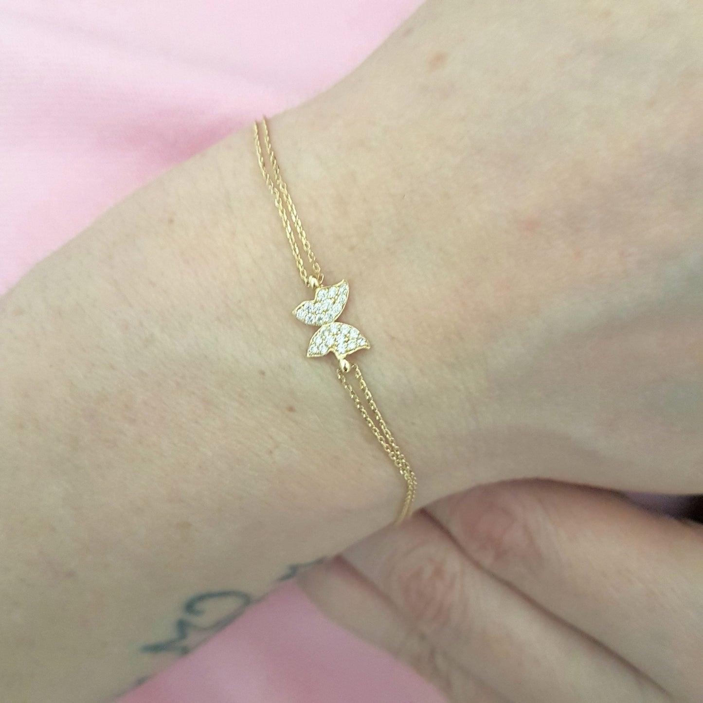 14K Real Solid Gold Butterfly Shape Design with White Zirconia Stones Tiny, Dainty,Delicate and Trendy Bracelet best gift for women,yourself, birthday