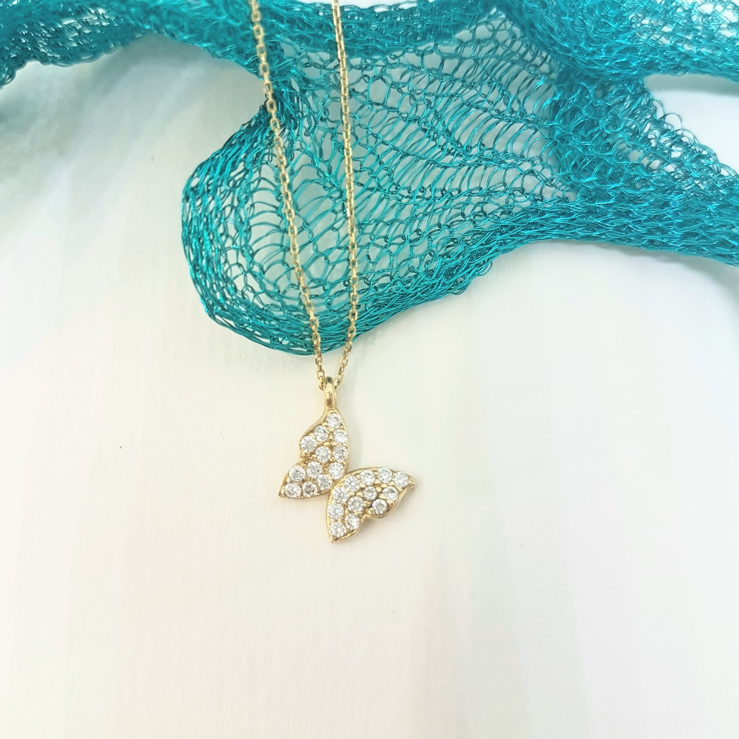 14K Real Solid Gold Butterfly Shape Design with White Zirconia Stones Cute Tiny Charm Dainty Delicate Trendy Necklace best birthday gift for women jewelry yourself