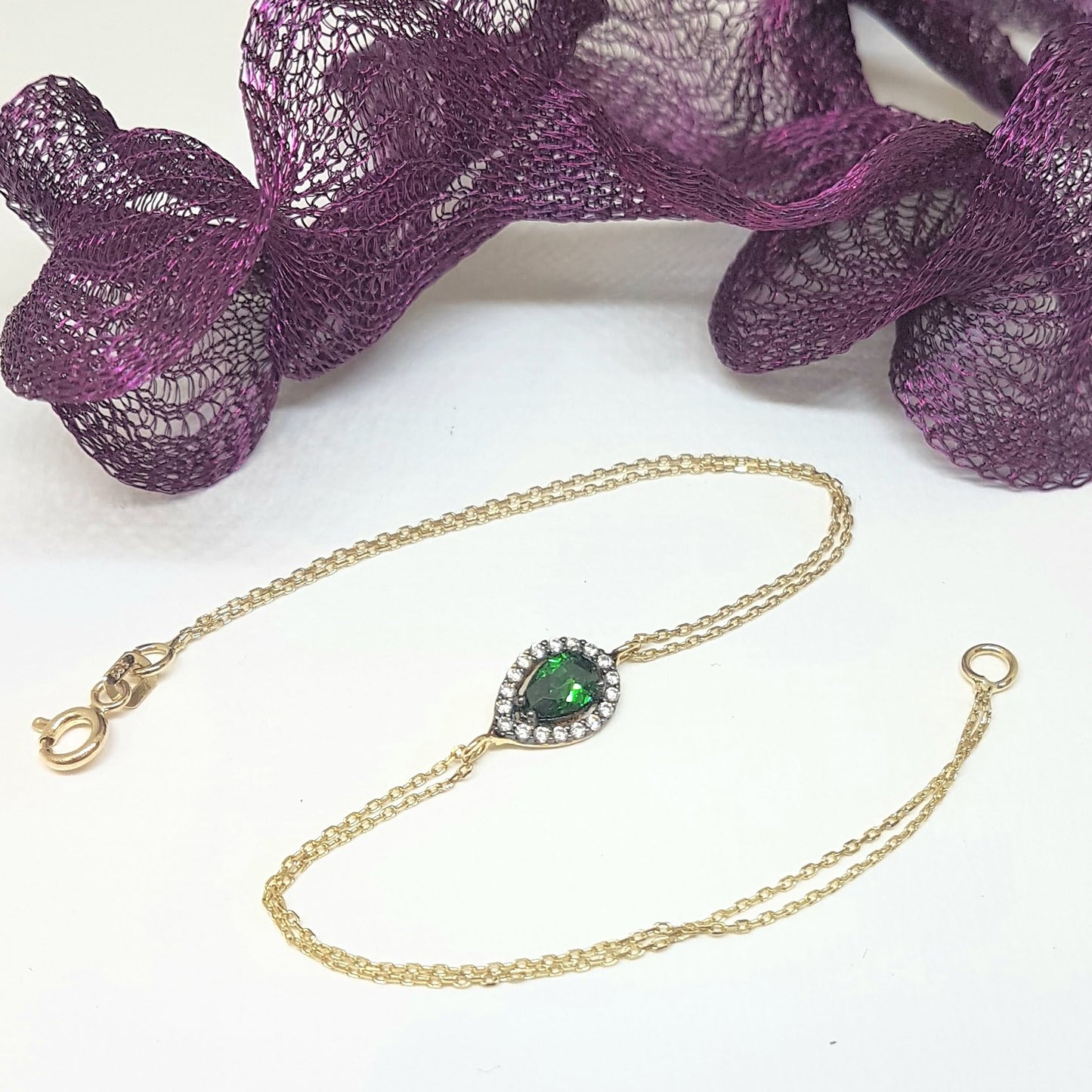 14K Real Solid Gold Tear Drop Design with GREEN and White Zirconia Stones Halo Elegant Dainty Delicate Charm Cute Trendy Bracelet best birthday gift for women Jewelry Mother Girl Grandma