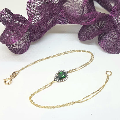 14K Real Solid Gold Tear Drop Design with GREEN and White Zirconia Stones Halo Elegant Dainty Delicate Charm Cute Trendy Bracelet best birthday gift for women Jewelry Mother Girl Grandma