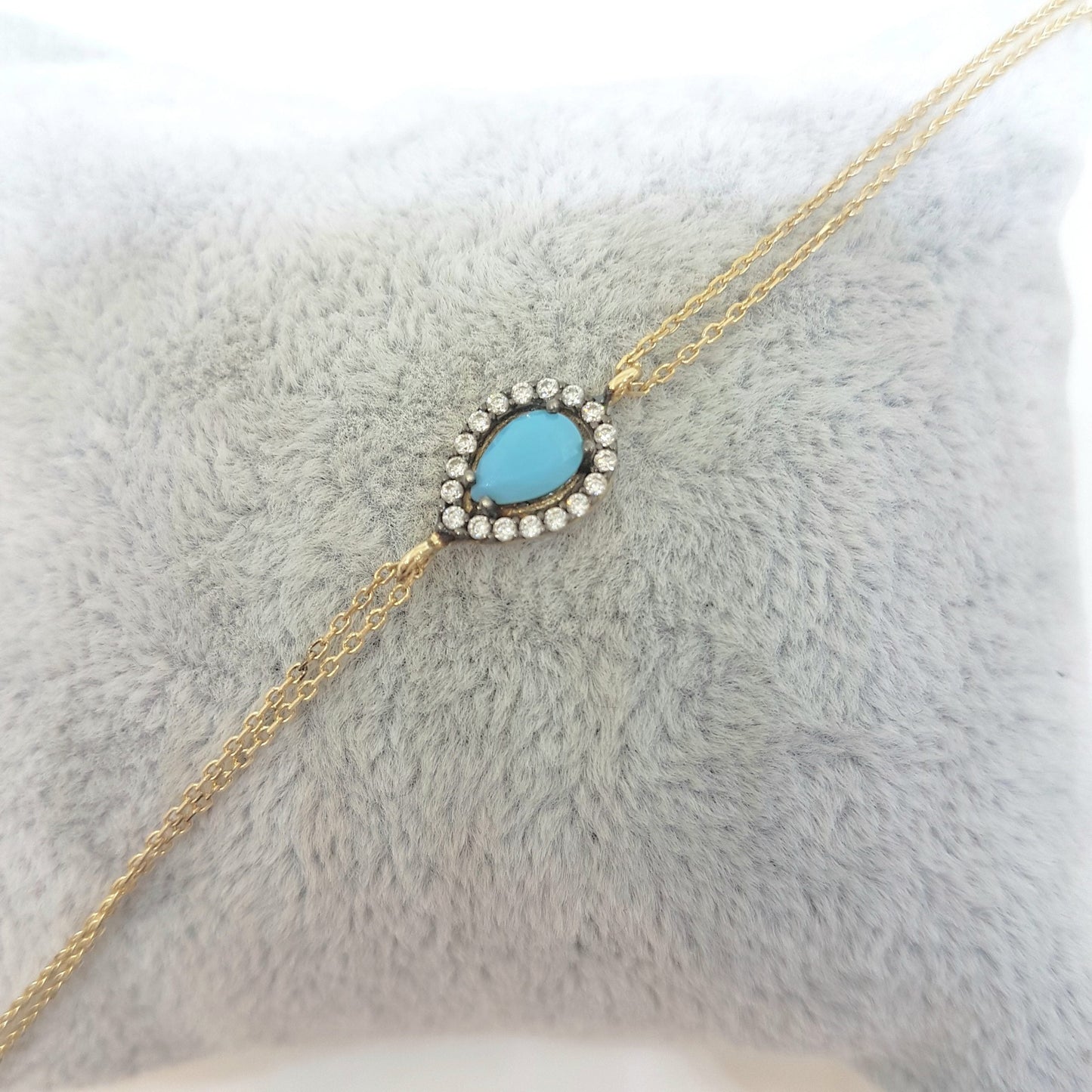 14K Real Solid Gold Tear Drop Design with Turquoise and White Zirconia Stones Halo Elegant Dainty Delicate Charm Cute Trendy Bracelet