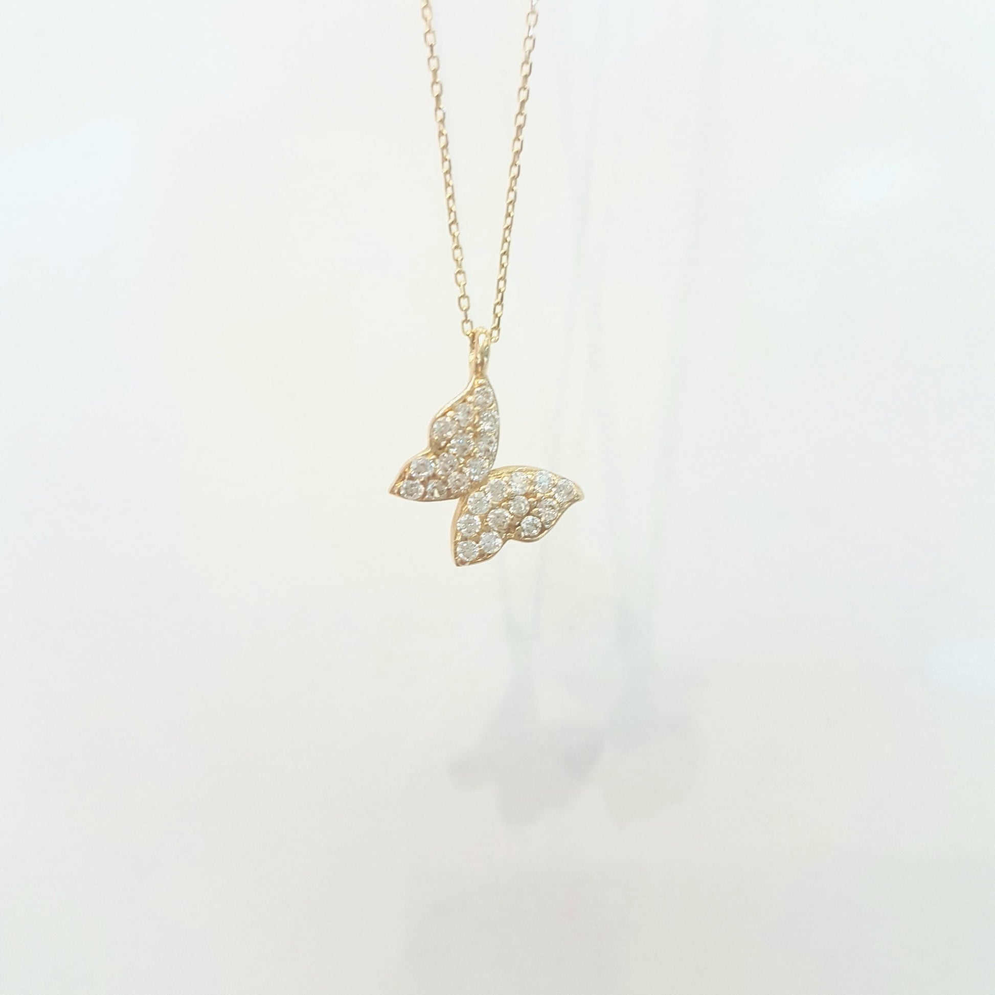 14K Real Solid Gold Butterfly Shape Design with White Zirconia Stones Cute Tiny Charm Dainty Delicate Trendy Necklace best birthday gift for women jewelry yourself