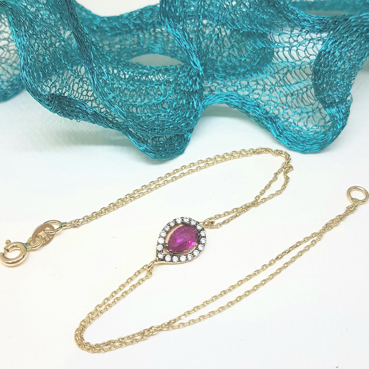 14K Real Solid Gold Tear Drop Design with RED and White Zirconia Stones Halo Elegant Dainty Delicate Charm Cute Trendy Bracelet best birthday gift for women Jewelry Mother Girl Grandma