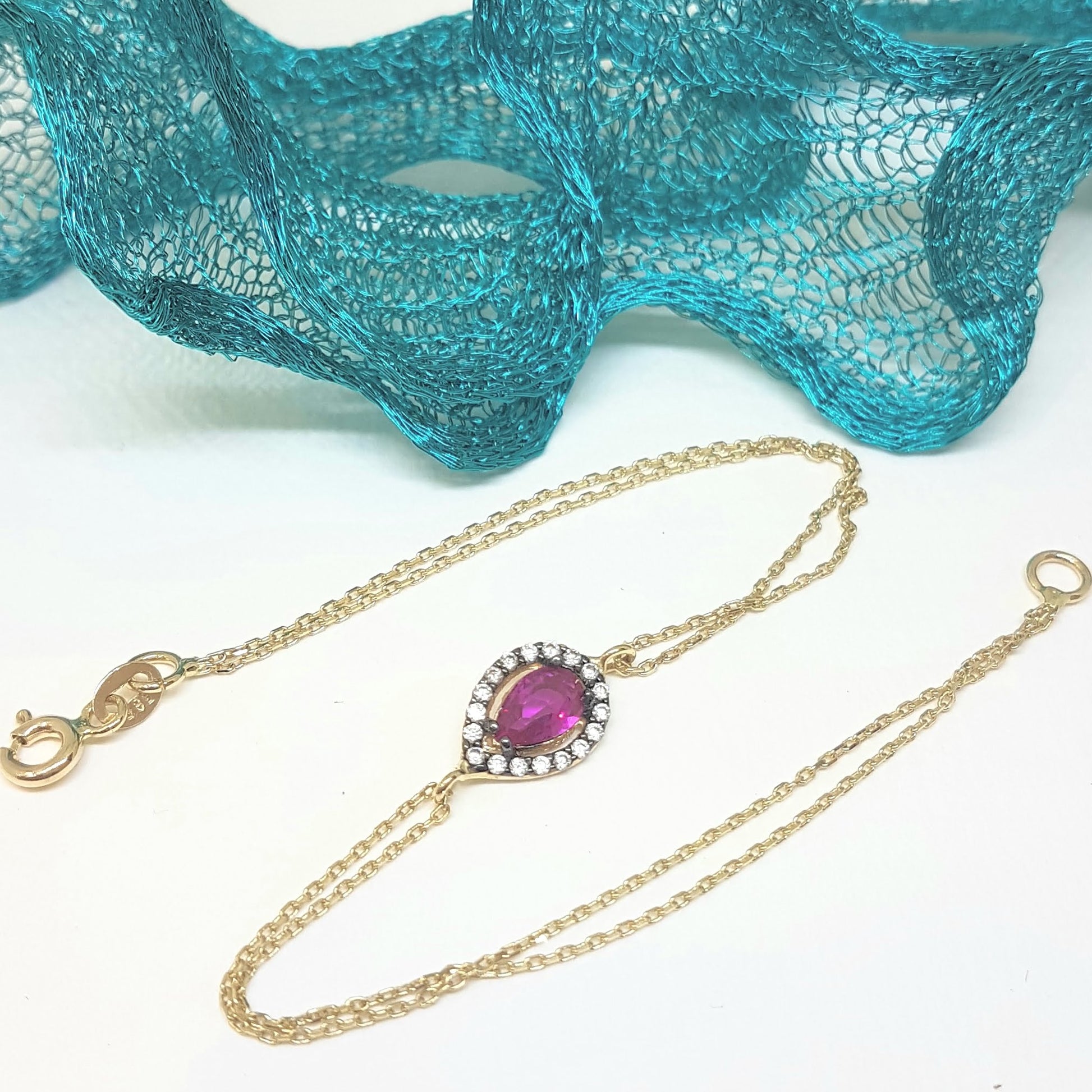 14K Real Solid Gold Tear Drop Design with RED and White Zirconia Stones Halo Elegant Dainty Delicate Charm Cute Trendy Bracelet best birthday gift for women Jewelry Mother Girl Grandma