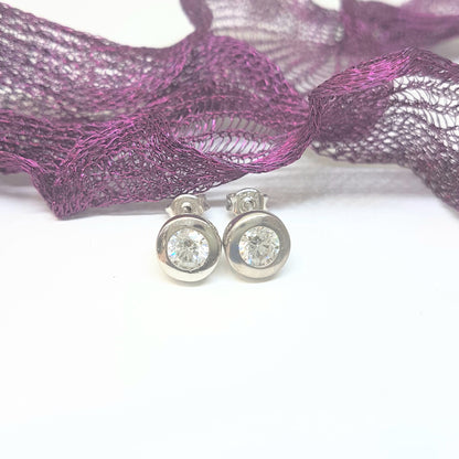 Round Bezel Stud Earrings with Zirconia Stone 14K White Solid Gold Charm Dainty Jewelry for Women