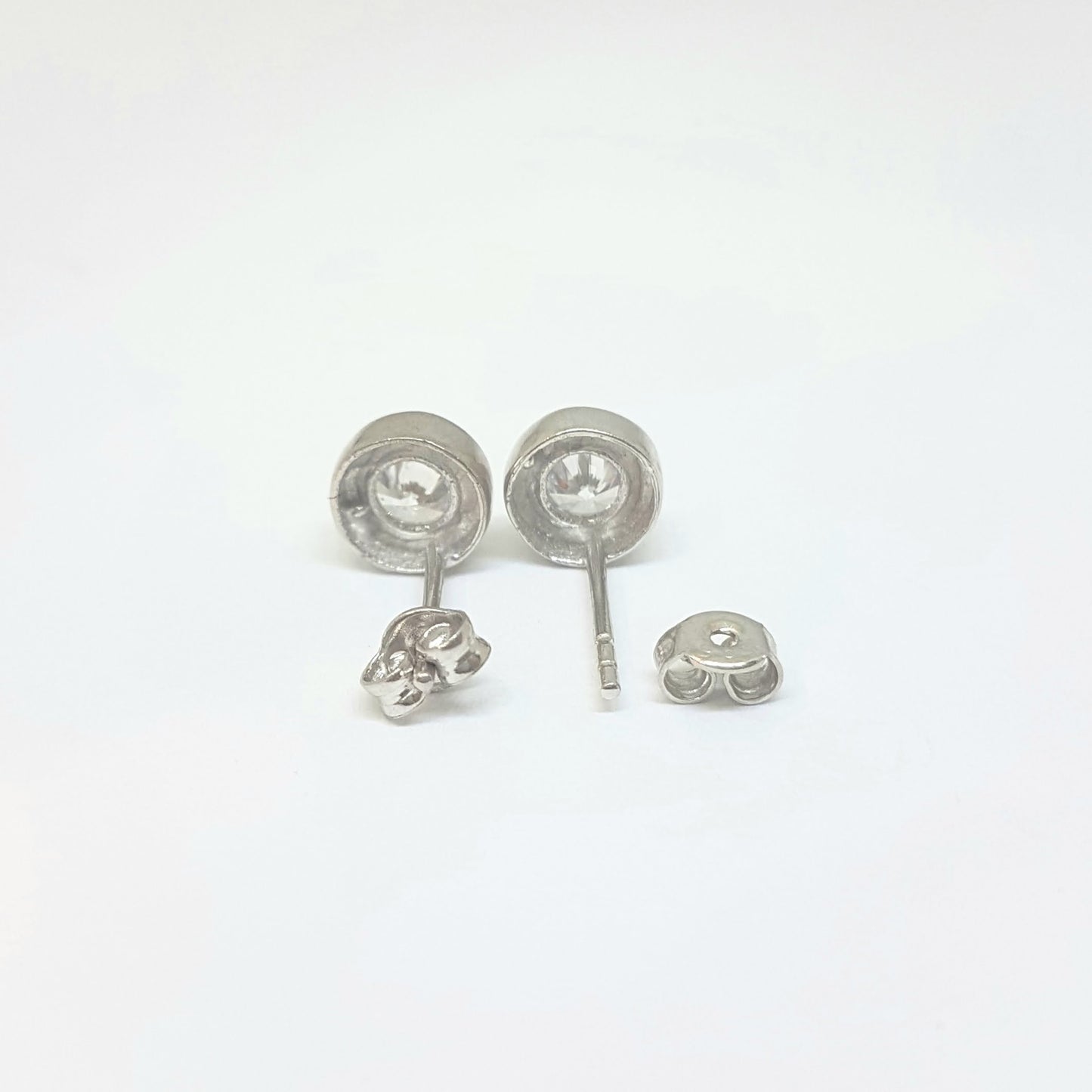 Round Bezel Stud Earrings with Zirconia Stone 14K White Solid Gold Charm Dainty Jewelry for Women