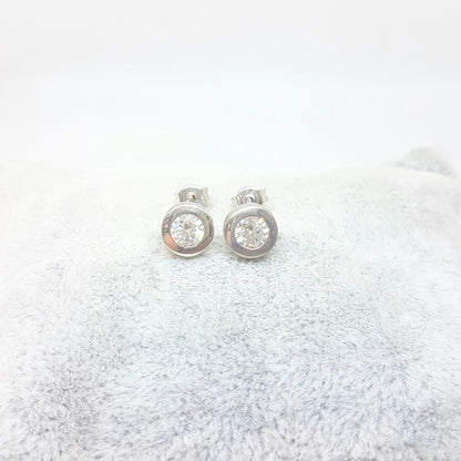 Round Bezel Stud Earrings with Zirconia Stone 14K White Solid Gold Charm Dainty Jewelry for Women