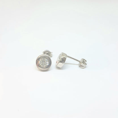 Round Bezel Stud Earrings with Zirconia Stone 14K White Solid Gold Charm Dainty Jewelry for Women