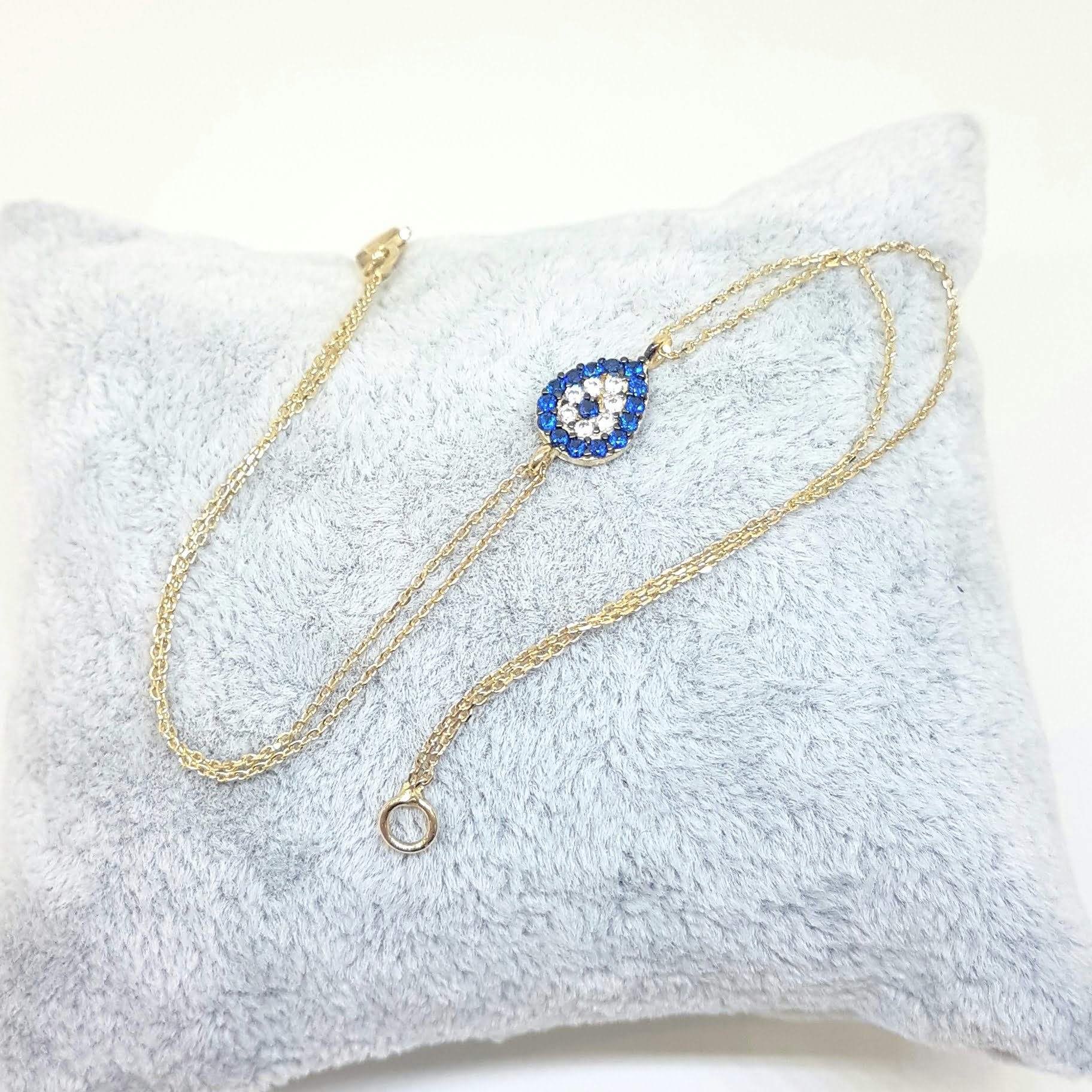 Evil Eye 14K Solid Gold Eye Drop Design with Navy Blue and White Zirconia Stones Tiny, Dainty,Delicate and Trendy Bracelet best gift for women