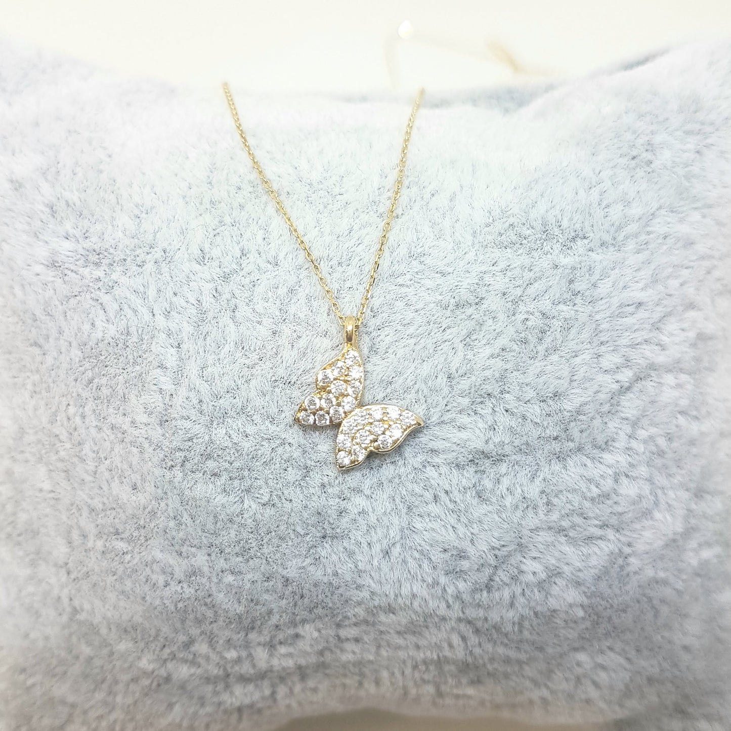 14K Real Solid Gold Butterfly Shape Design with White Zirconia Stones Cute Tiny Charm Dainty Delicate Trendy Necklace best birthday gift for women jewelry yourself