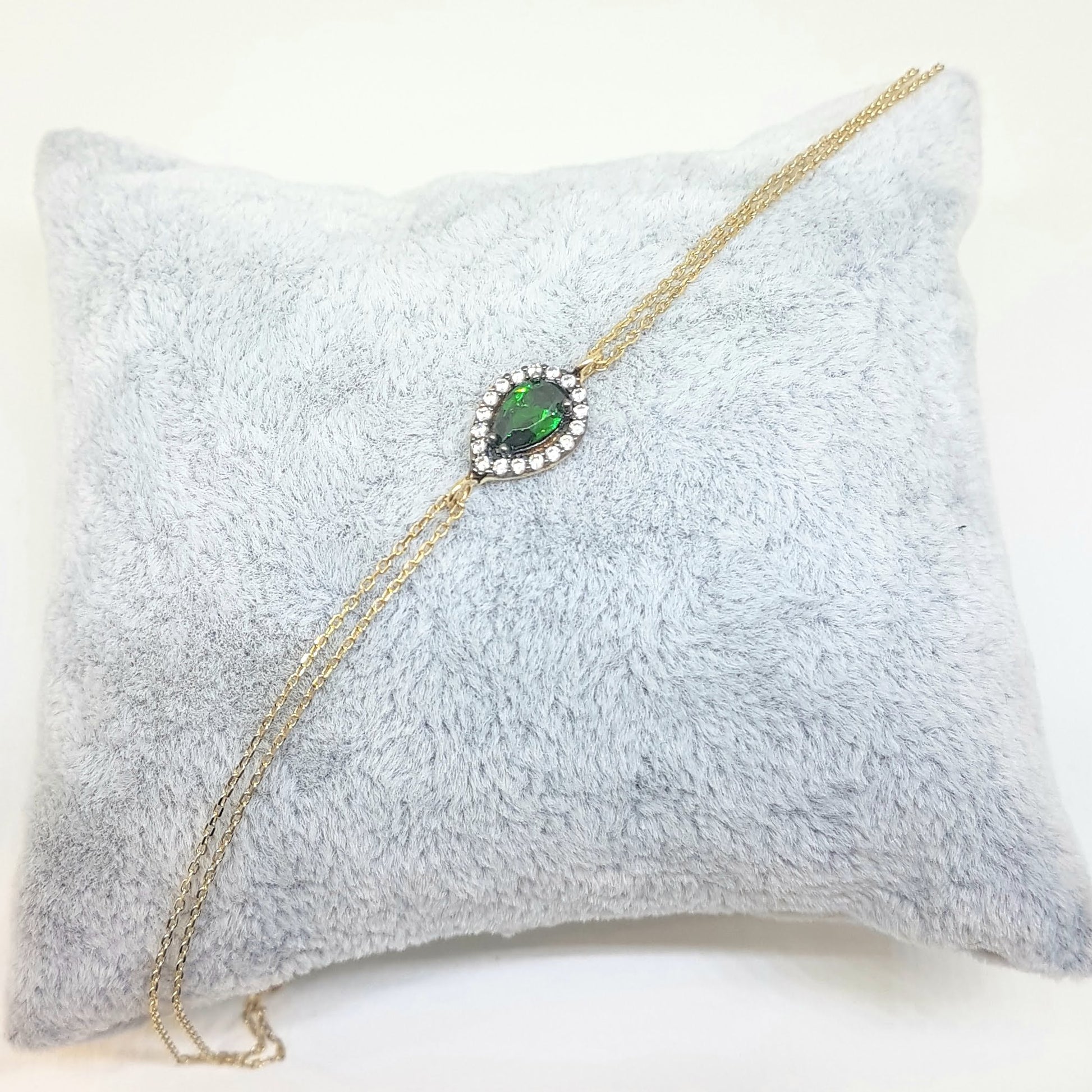 14K Real Solid Gold Tear Drop Design with GREEN and White Zirconia Stones Halo Elegant Dainty Delicate Charm Cute Trendy Bracelet best birthday gift for women Jewelry Mother Girl Grandma