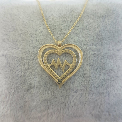 14K Gold Double Heart Love Lifeline Pulse EKG Heartbeat Pendant Necklace Decorated with Zirconia Stones Charm Elegant Dainty Birthday Valentine Christmas Gift For Women Jewelry