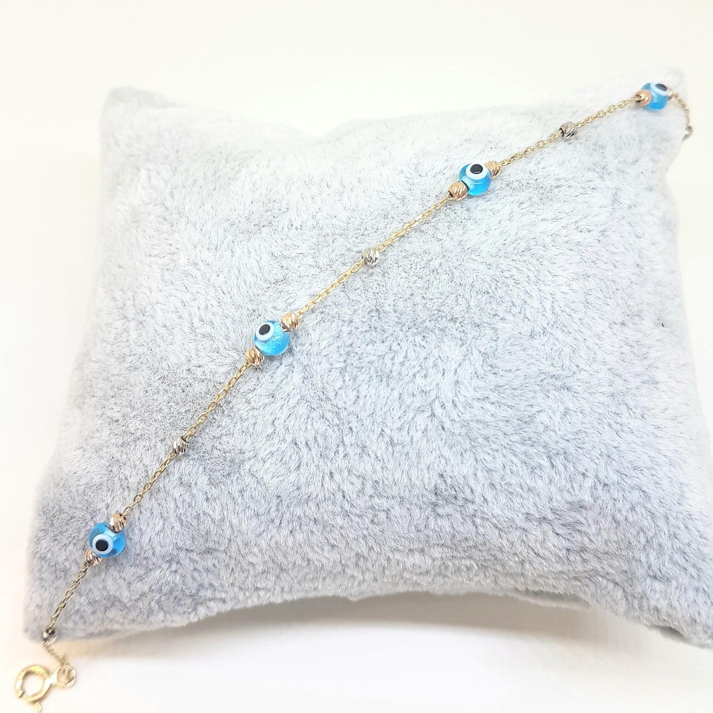 14K Real Solid Gold Lucky Blue Evil Eye and Italian Balls Design Tiny Cute Dainty Delicate Elegant Trendy Bracelet best gift for Women Jewelry yourself, birthday Nazar
