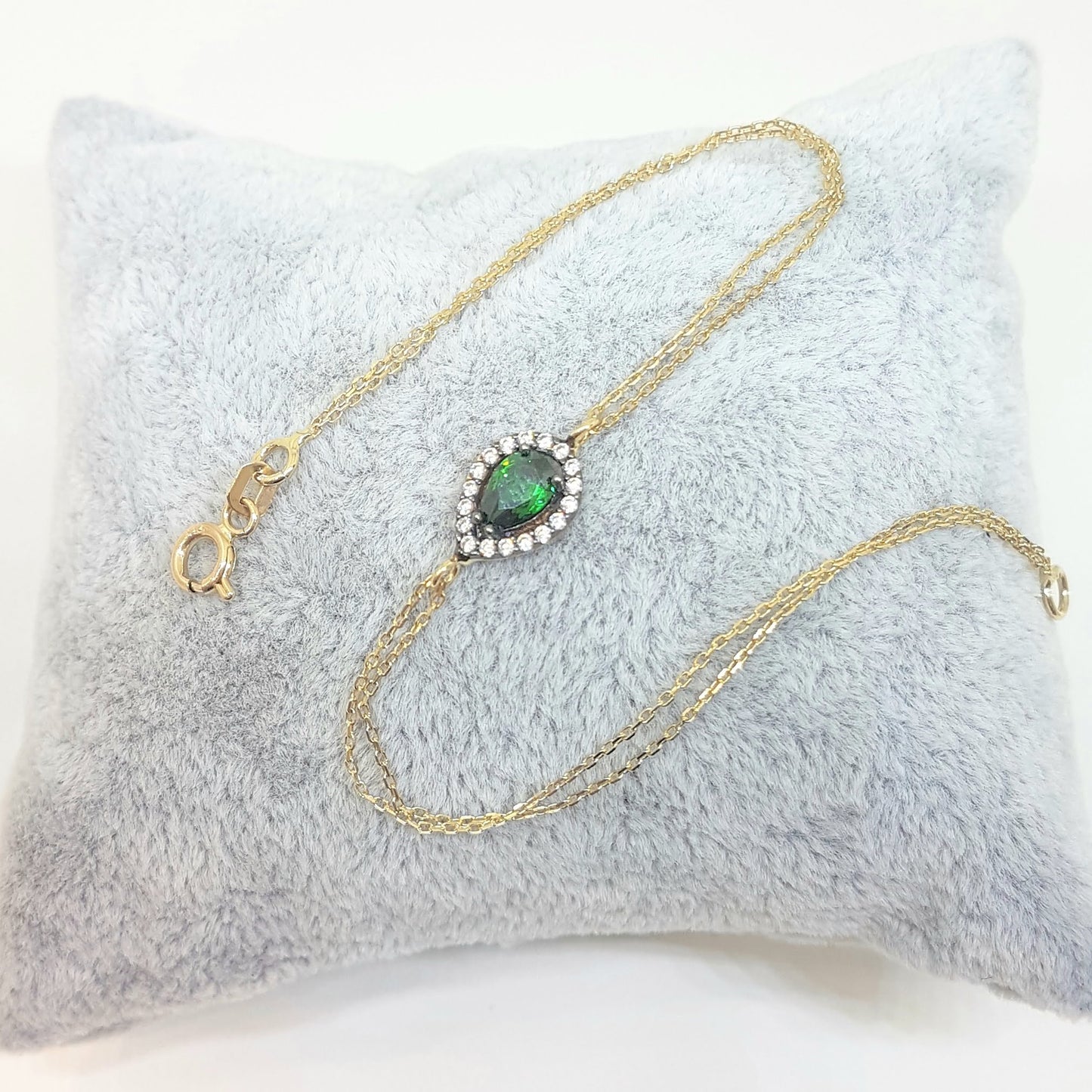 14K Real Solid Gold Tear Drop Design with GREEN and White Zirconia Stones Halo Elegant Dainty Delicate Charm Cute Trendy Bracelet best birthday gift for women Jewelry Mother Girl Grandma