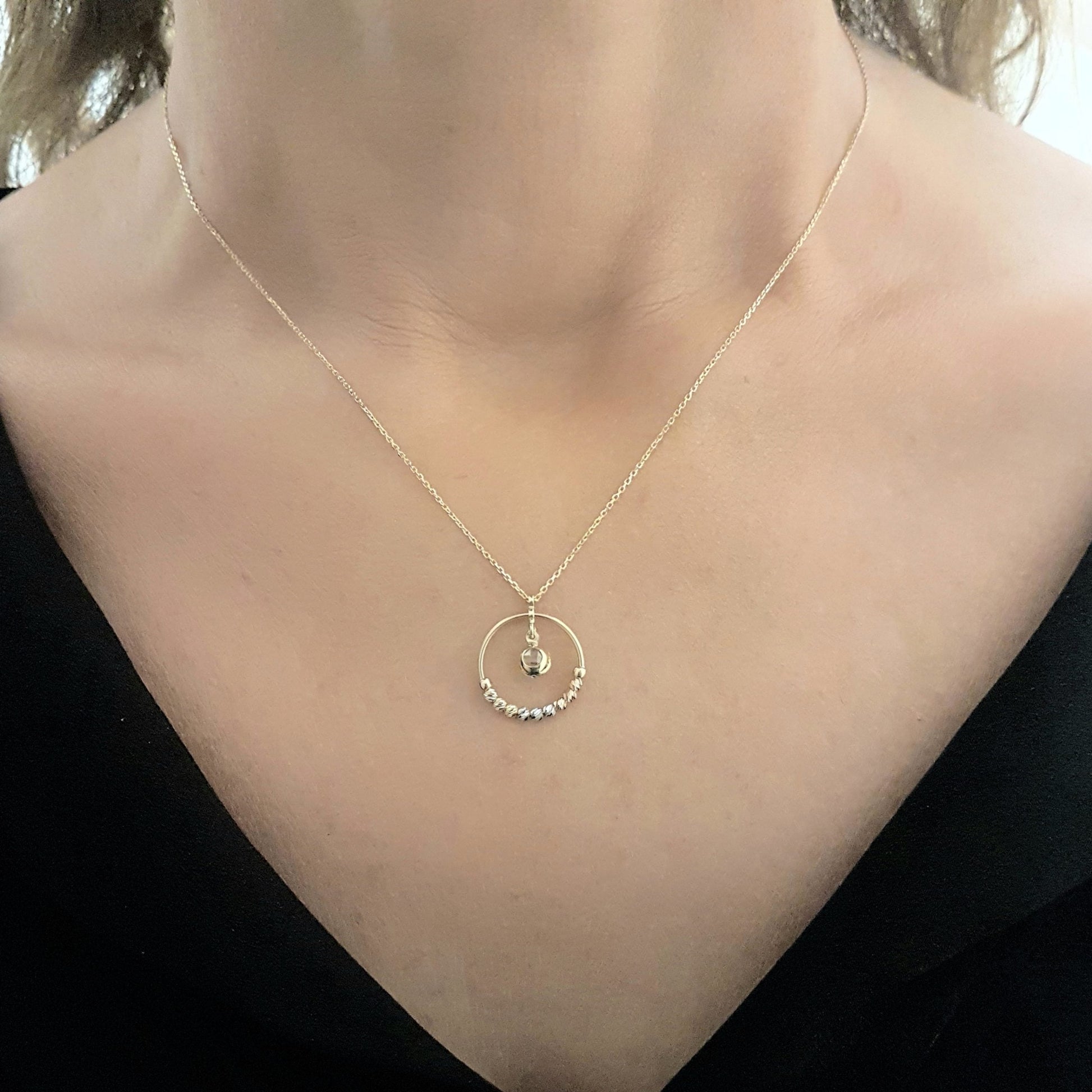 14K Gold Circle Ring With Itallian Balls and Swinging Cubic Zirconia Stone Pendant Necklace for Women Turkish Handmade Jewelry