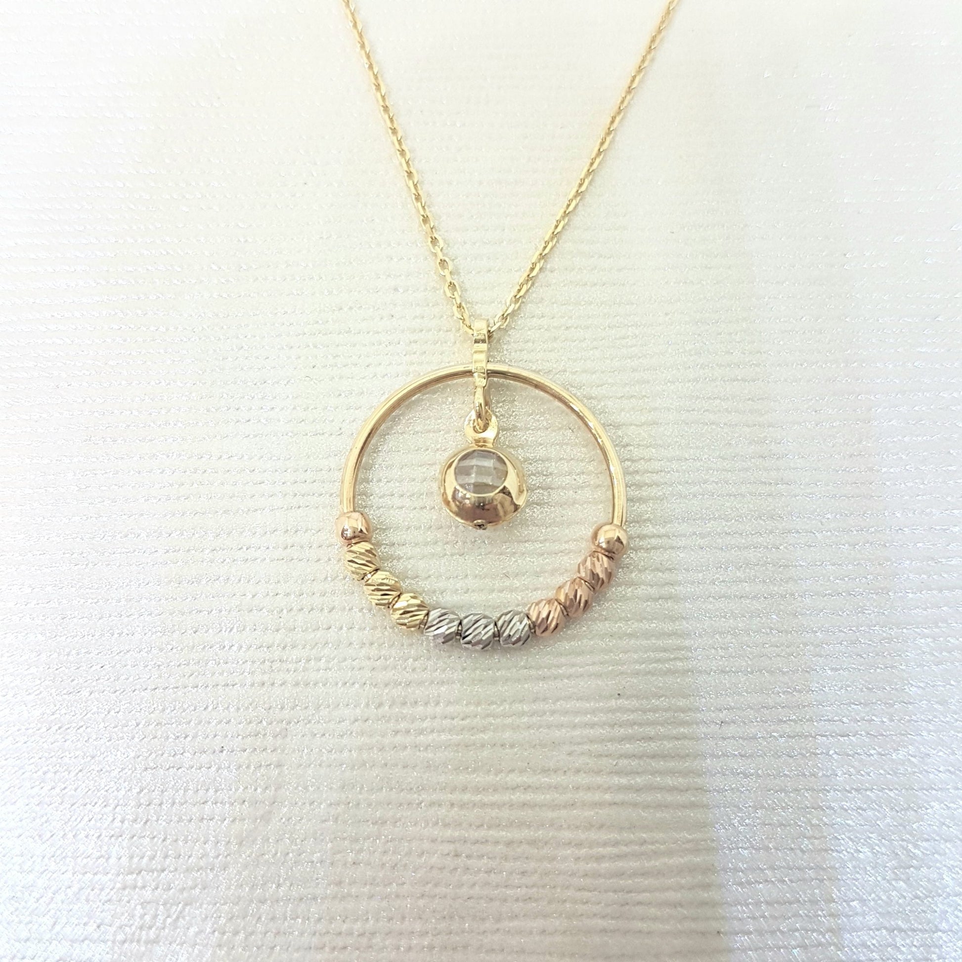 14K Gold Circle Ring With Itallian Balls and Swinging Cubic Zirconia Stone Pendant Necklace for Women Turkish Handmade Jewelry