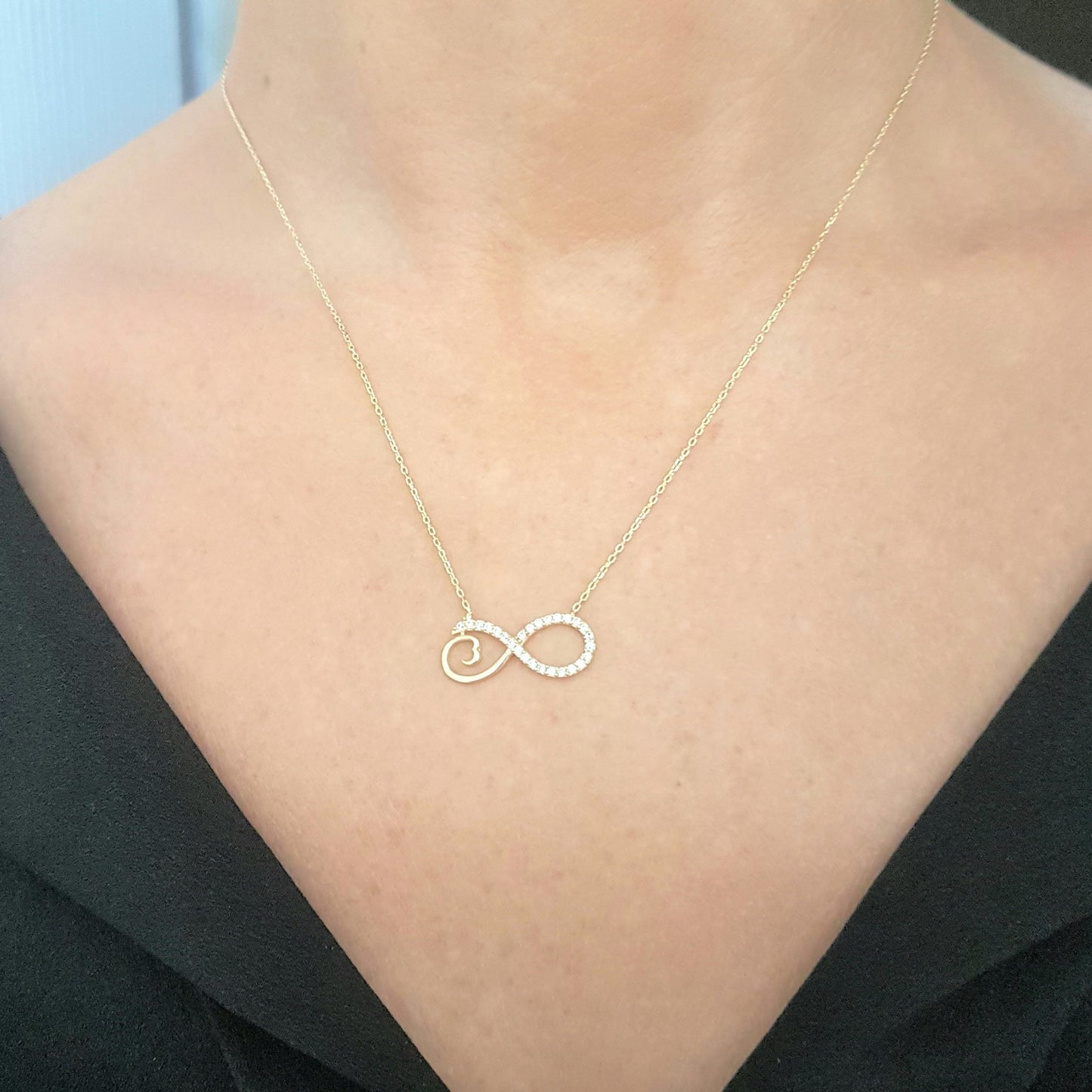 14K Real Solid Gold Infinity Forever Design with White Stones Love Charm Elegant Dainty Delicate Trendy Cute Pendant Necklace best birthday gift Women Jewelry girlfriend