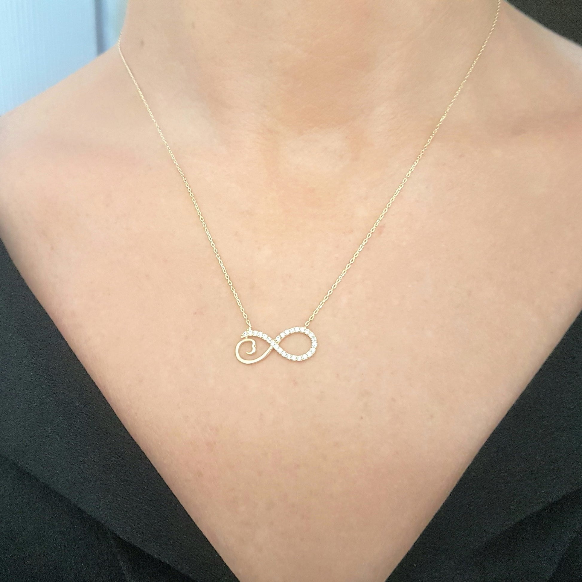 14K Real Solid Gold Infinity Forever Design with White Stones Love Charm Elegant Dainty Delicate Trendy Cute Pendant Necklace best birthday gift Women Jewelry girlfriend